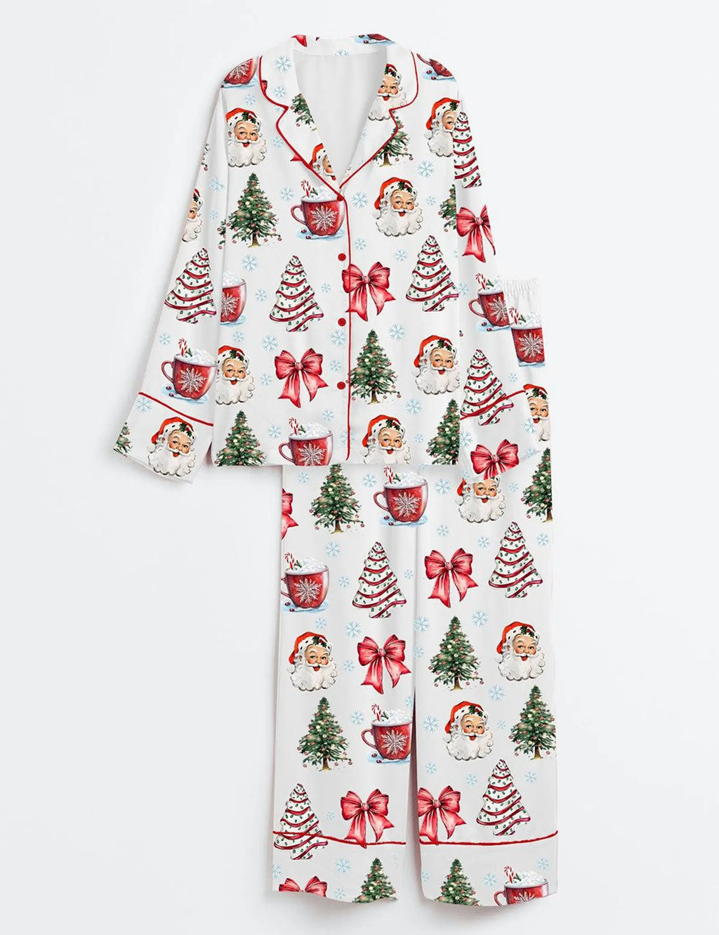 Coquette Christmas Santa Satin Pajama Set – Festive Bows & Cup Print Holiday Sleepwear for Women