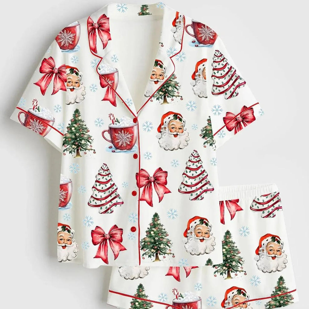 Coquette Christmas Santa Satin Pajama Set – Festive Bows & Cup Print Holiday Sleepwear for Women