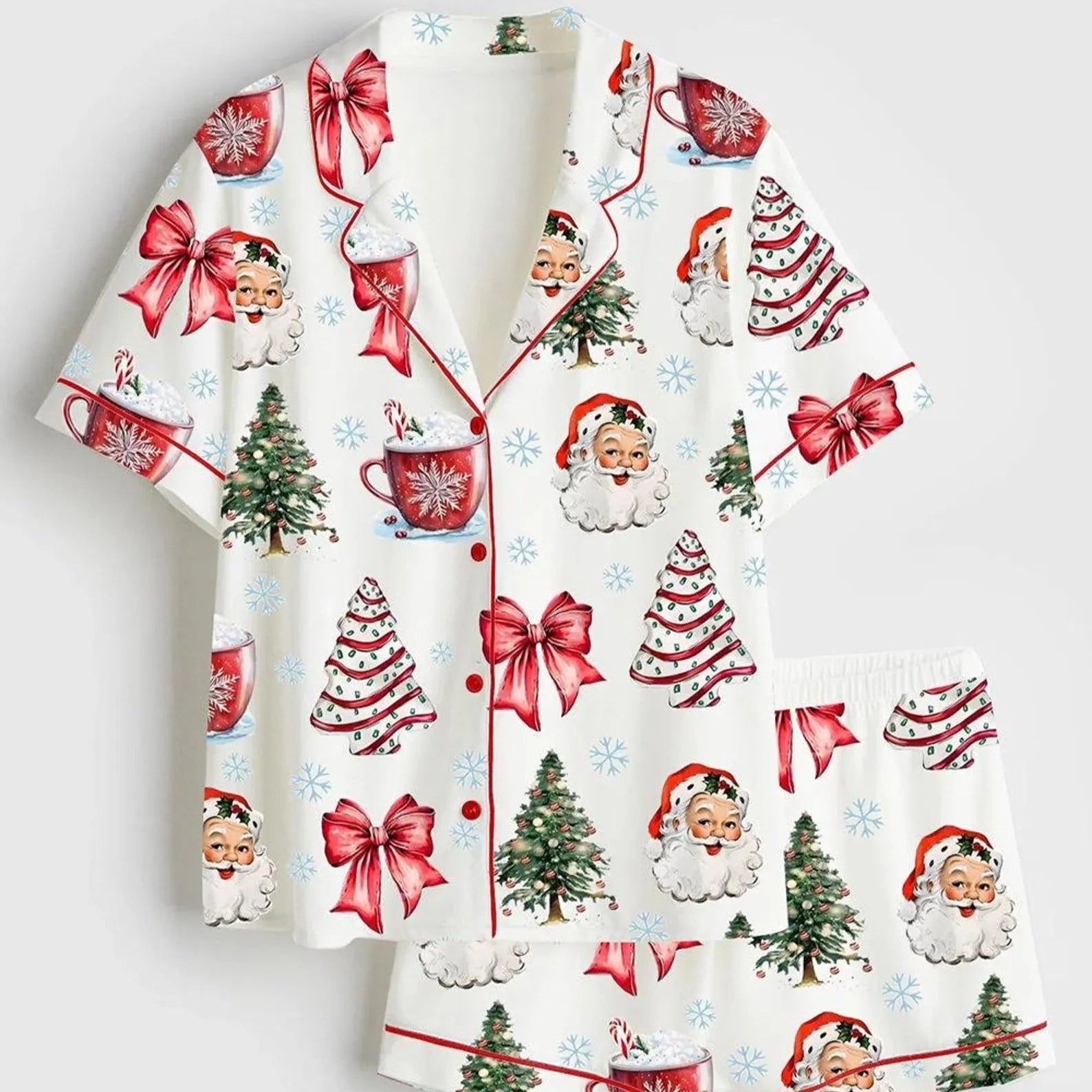 Coquette Christmas Santa Satin Pajama Set – Festive Bows & Cup Print Holiday Sleepwear for Women