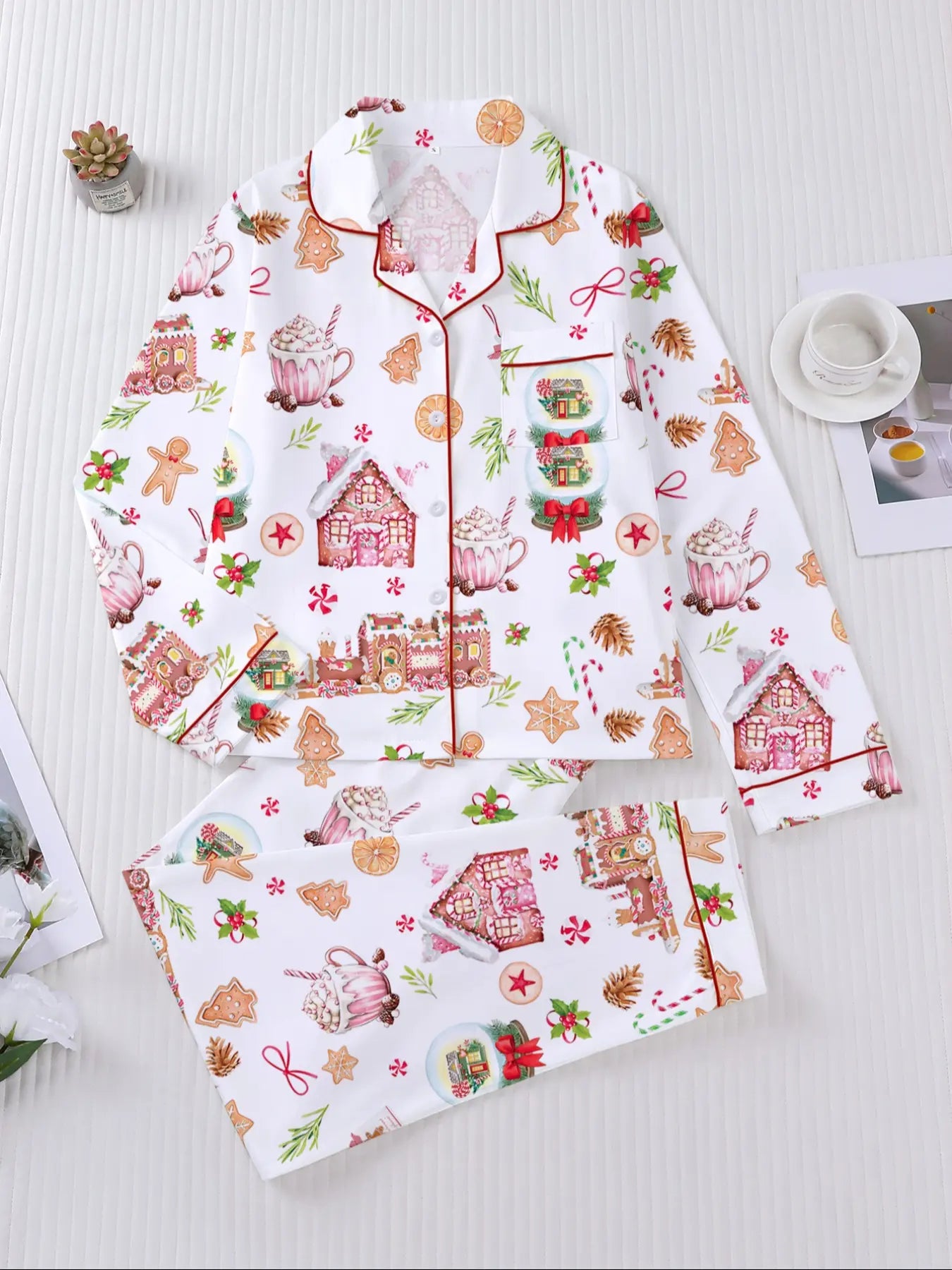 Sweet Cookie Watercolor Satin Christmas Pajama Set – Festive Holiday Sleepwear for Women