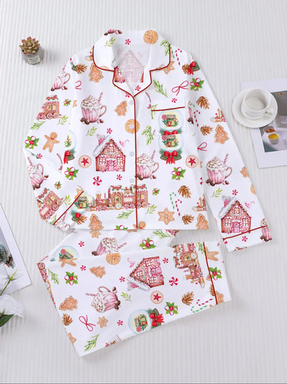 Sweet Cookie Watercolor Satin Christmas Pajama Set – Festive Holiday Sleepwear for Women