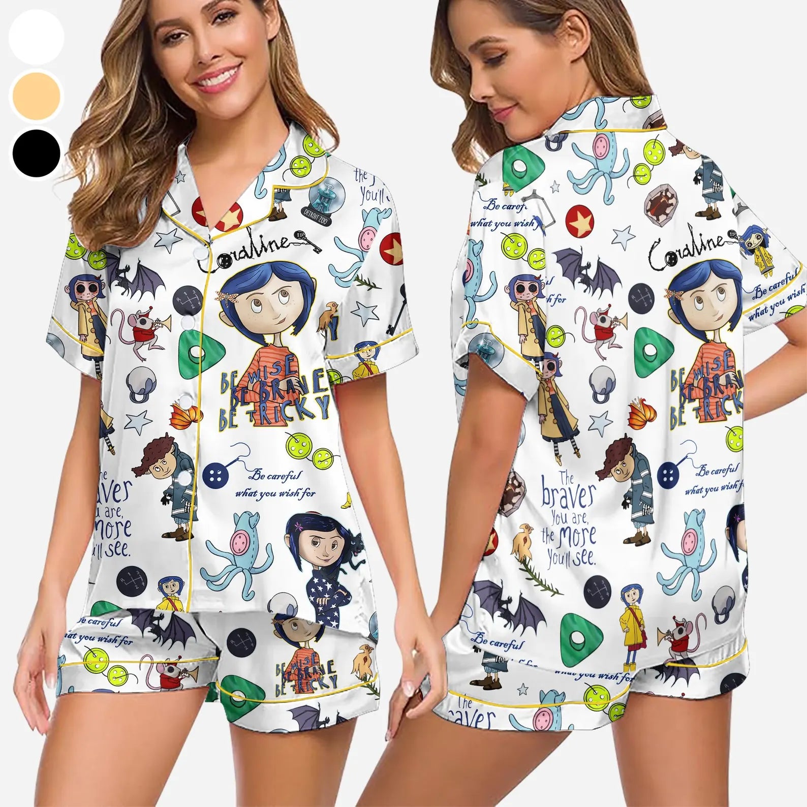 Creepy Doll Stamp Pajama Set – Scary Cartoon Inspired Satin PJs, Spooky Character Sleepwear Gift