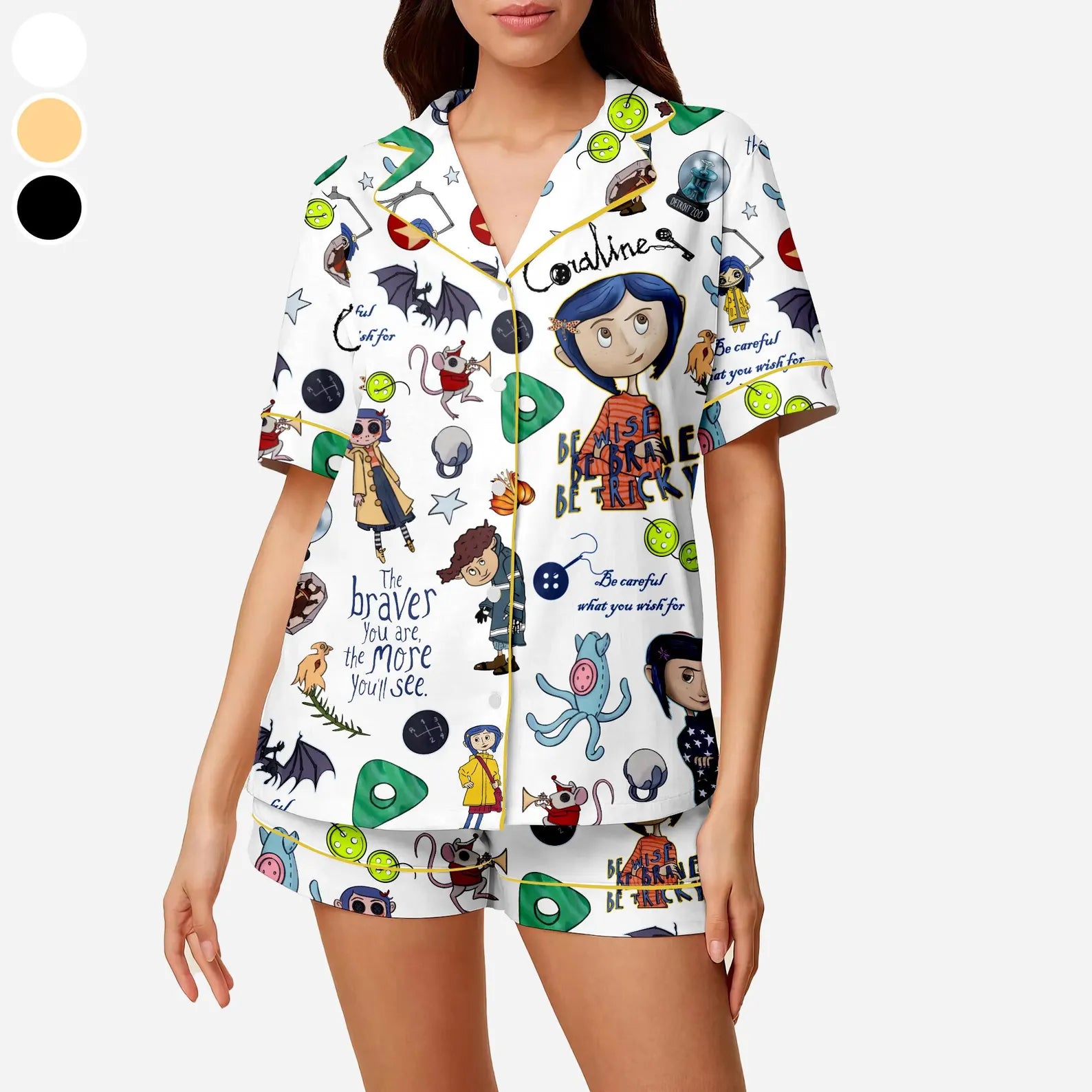 Creepy Doll Stamp Pajama Set – Scary Cartoon Inspired Satin PJs, Spooky Character Sleepwear Gift