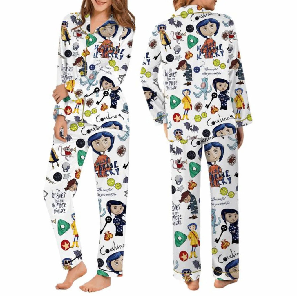 Creepy Doll Stamp Pajama Set – Scary Cartoon Inspired Satin PJs, Spooky Character Sleepwear Gift