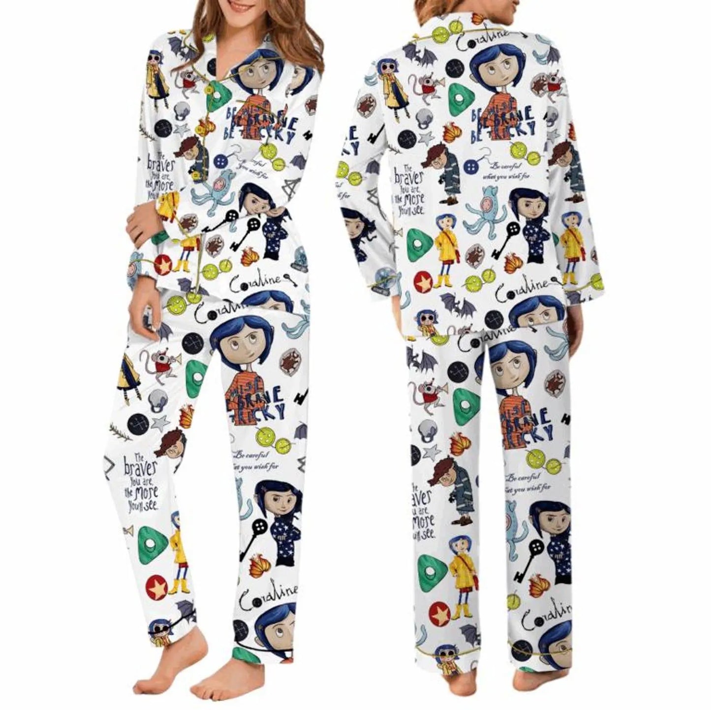 Creepy Doll Stamp Pajama Set – Scary Cartoon Inspired Satin PJs, Spooky Character Sleepwear Gift