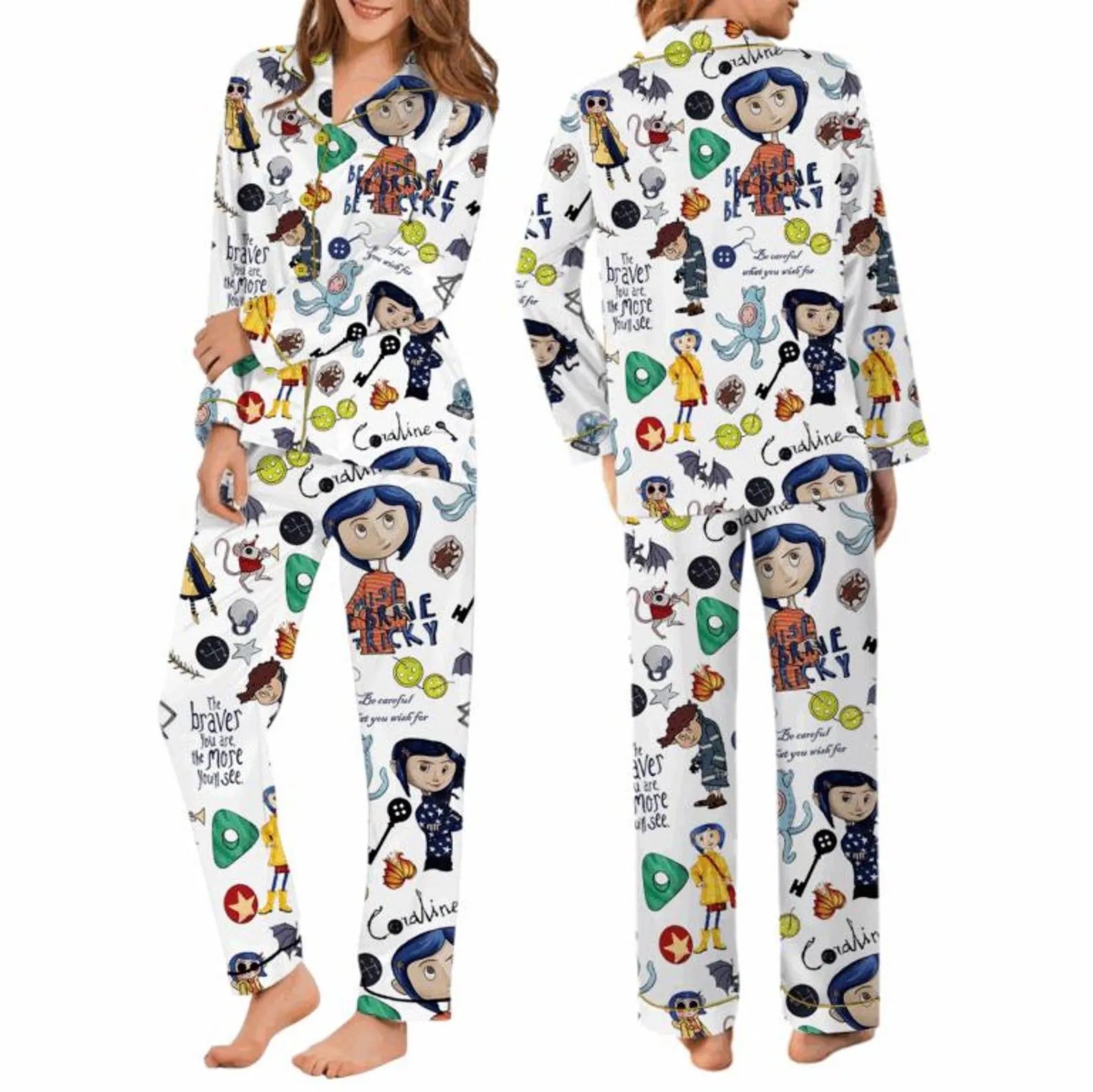 Creepy Doll Stamp Pajama Set – Scary Cartoon Inspired Satin PJs, Spooky Character Sleepwear Gift