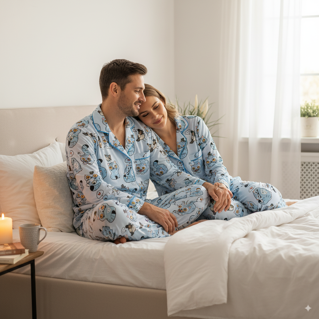 KPop Inspired Tiger Satin Pajama Set – Cute Tiger and Bird Print Women’s Short PJs, Fantasy Adventure Sleepwear