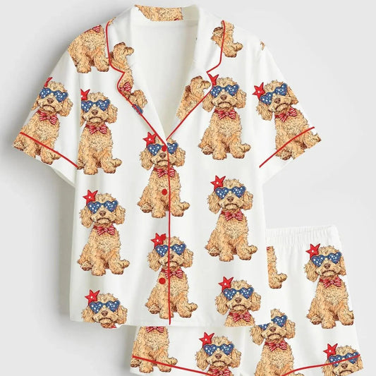 The USA 250th Anniversary Poodle Print Satin Pajamas – Patriotic Dog Lover Summer Nightwear