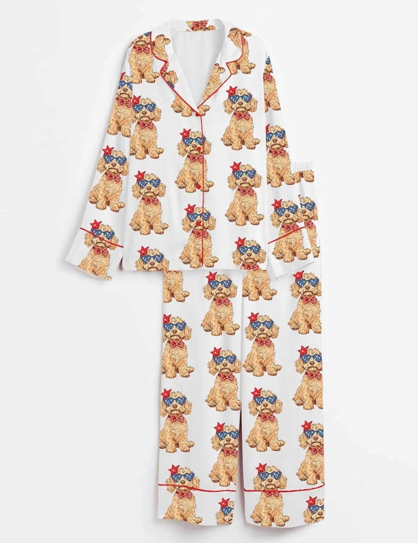 The USA 250th Anniversary Poodle Print Satin Pajamas – Patriotic Dog Lover Summer Nightwear