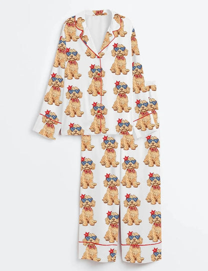 The USA 250th Anniversary Poodle Print Satin Pajamas – Patriotic Dog Lover Summer Nightwear