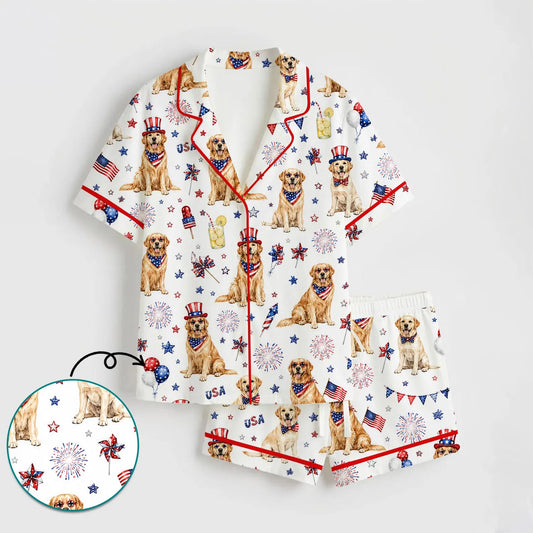 The USA 250th Anniversary Patriotic Golden Retriever Pajamas – Fourth of July Fireworks Dog Mom Sleepwear