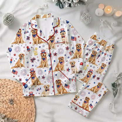 The USA 250th Anniversary Patriotic Golden Retriever Pajamas – Fourth of July Fireworks Dog Mom Sleepwear