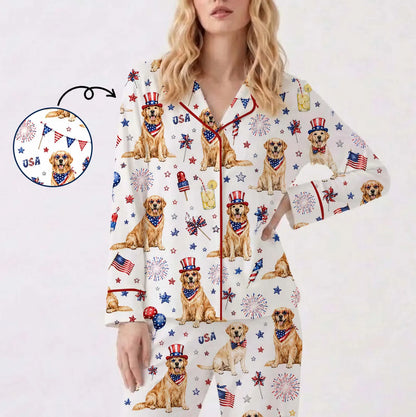 The USA 250th Anniversary Patriotic Golden Retriever Pajamas – Fourth of July Fireworks Dog Mom Sleepwear