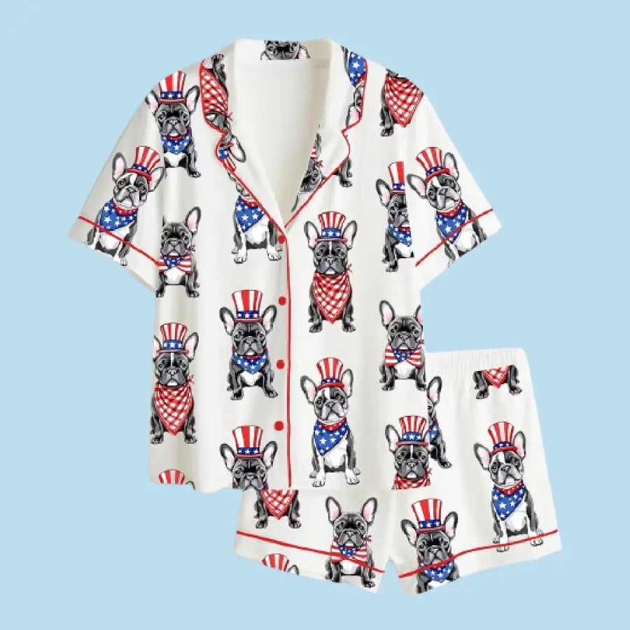 The USA 250th Anniversary French Bulldog Pajamas – Patriotic Short Sleeve Satin Summer Sleepwear