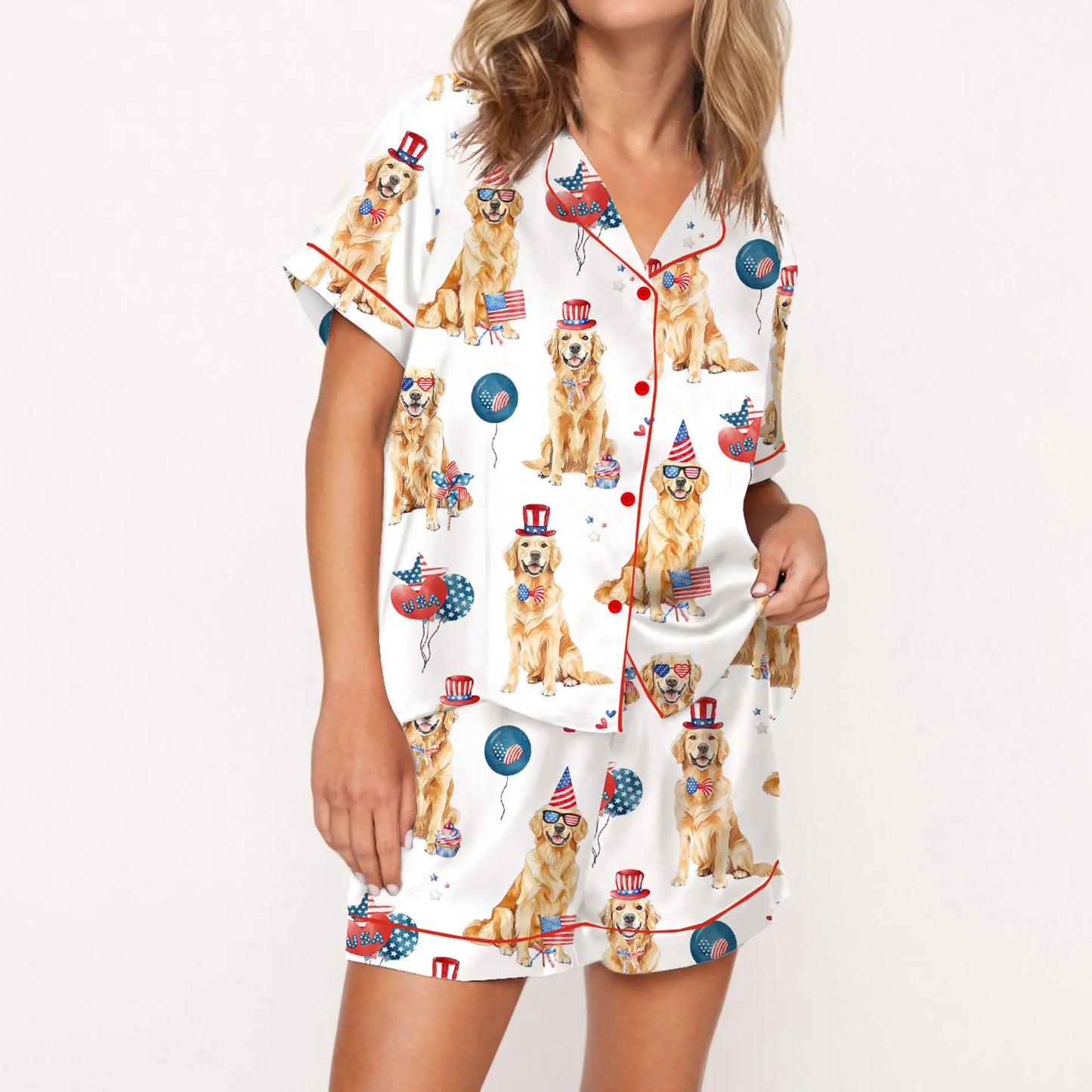 The USA 250th Anniversary Golden Retriever Silky Satin Pajamas – Women’s Fourth of July Patriotic Sleepwear