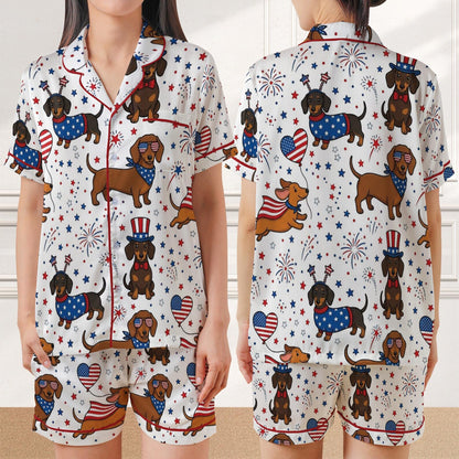 The USA 250th Anniversary Dog Breed Satin Pajamas – Patriotic Short Sleeve Summer Sleepwear