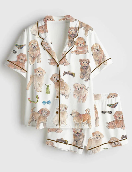 Luxury Unisex Satin Pajama Set - Artistic Watercolor Goldendoodle Dog Pet Lover Sleepwear Loungewear