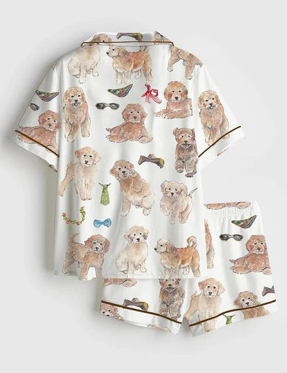 Luxury Unisex Satin Pajama Set - Artistic Watercolor Goldendoodle Dog Pet Lover Sleepwear Loungewear