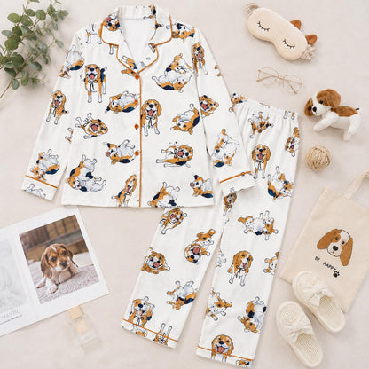 Luxury Satin Pajama Set - Cute Beagle Dog Puppy Pet Lover Sleepwear Loungewear