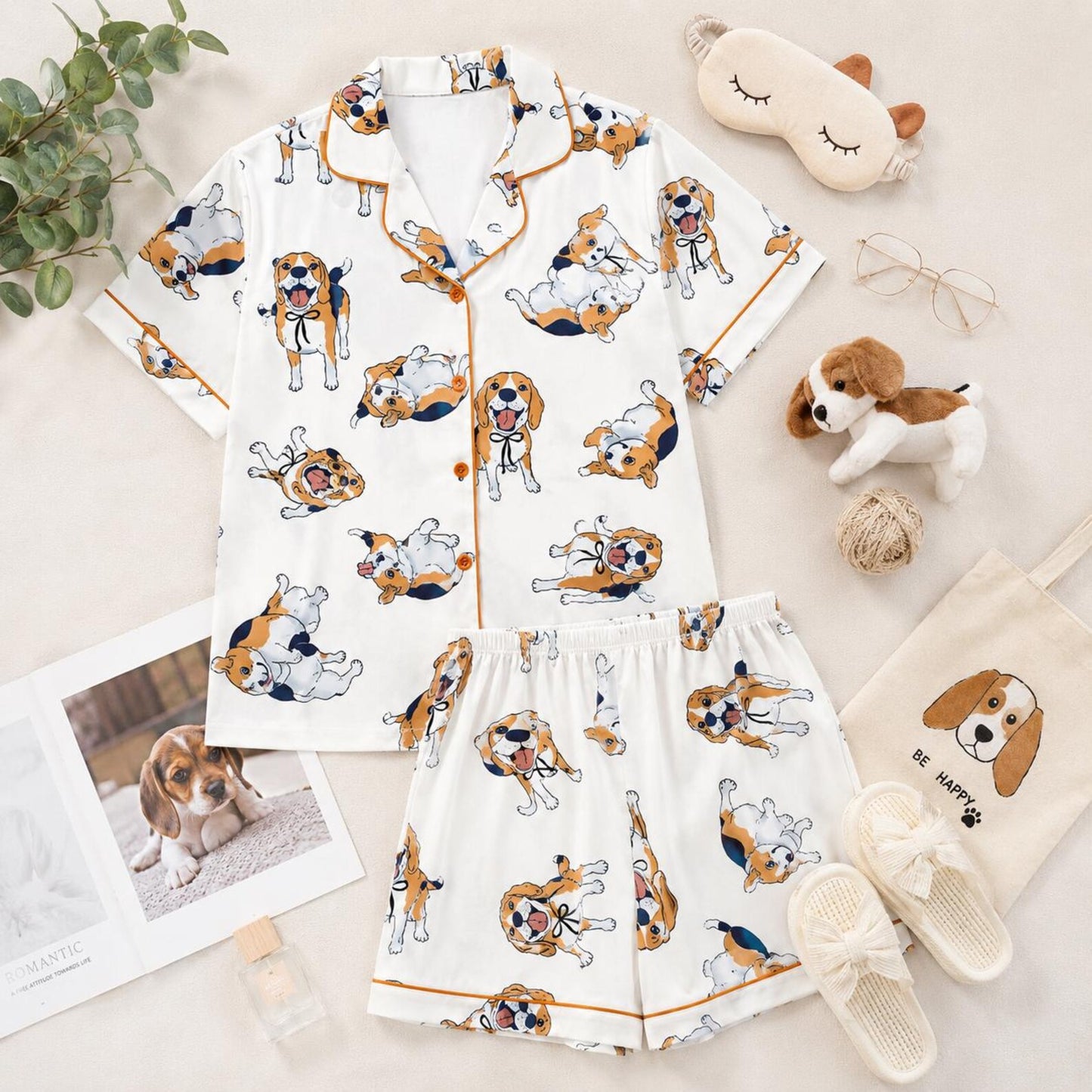 Luxury Satin Pajama Set - Cute Beagle Dog Puppy Pet Lover Sleepwear Loungewear