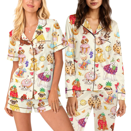 Luxury Satin Pajama Set - Funny Puppy Cute Dog Dessert Fruit Pattern Sleepwear Loungewear