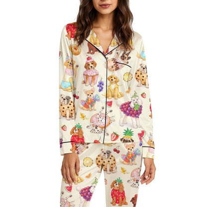 Luxury Satin Pajama Set - Funny Puppy Cute Dog Dessert Fruit Pattern Sleepwear Loungewear