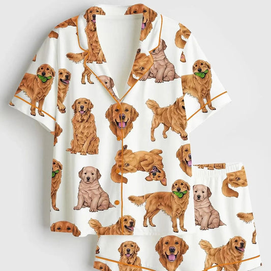 Luxury Satin Pajama Set - Cute Golden Retriever Dog Lover Silky PJs Aesthetic Fur Mama Loungewear