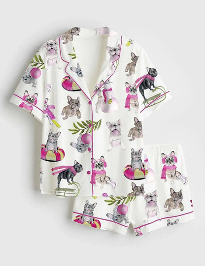 Luxury Satin Pajama Set - Cute French Bulldog Dog Lover Pink Accent Sleepwear Loungewear Gift