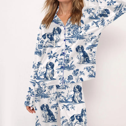 Luxury Satin Pajama Set - Cute Cavalier King Charles Spaniel Dog Mom Comfy Sleepwear Loungewear