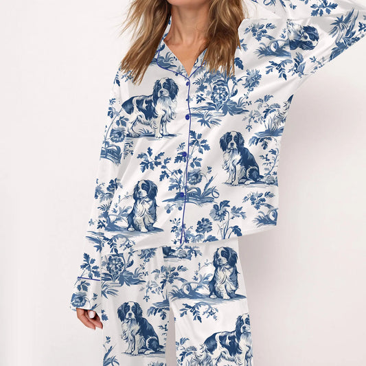 Luxury Satin Pajama Set - Cute Cavalier King Charles Spaniel Dog Mom Comfy Sleepwear Loungewear