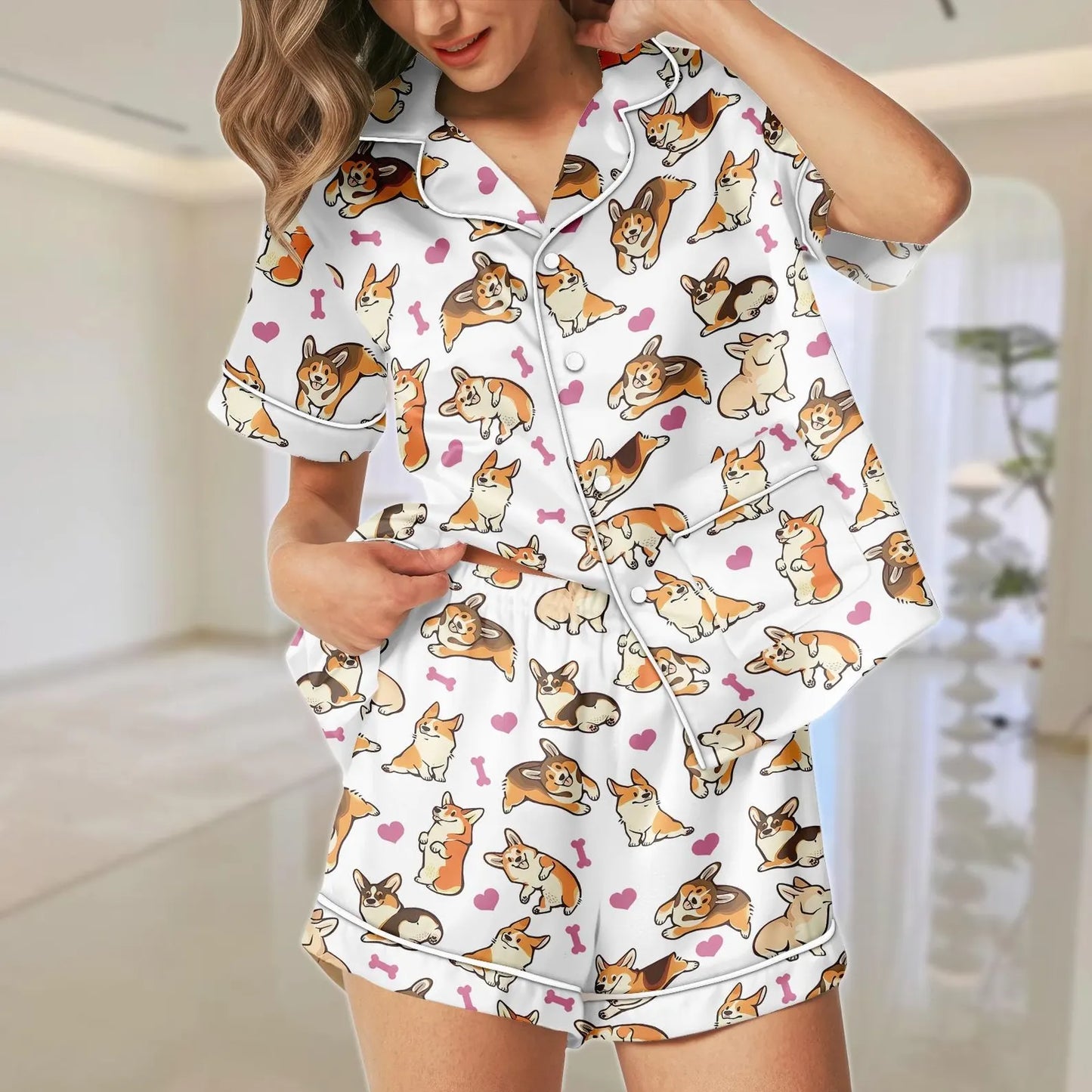 Luxury Satin Pajama Set - Cute Corgi Dog Mom Pet Lover Sleepwear Loungewear