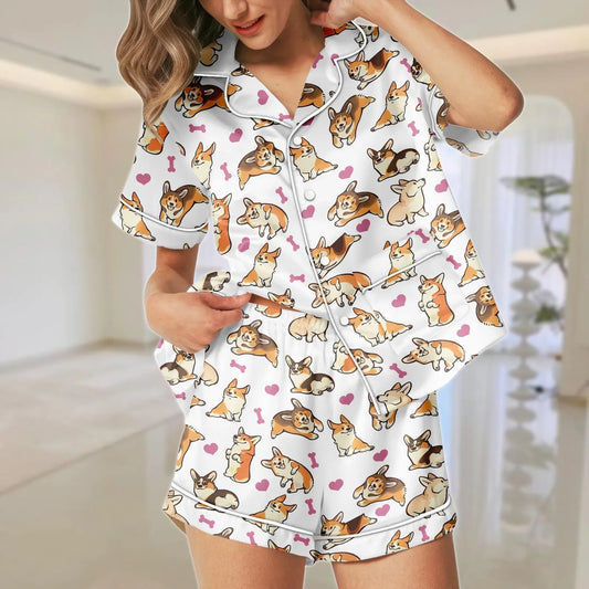 Luxury Satin Pajama Set - Cute Corgi Dog Mom Pet Lover Sleepwear Loungewear