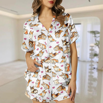 Luxury Satin Pajama Set - Cute Corgi Dog Mom Pet Lover Sleepwear Loungewear