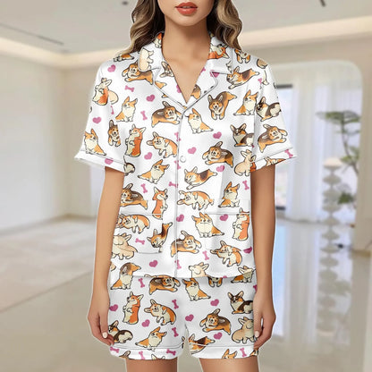 Luxury Satin Pajama Set - Cute Corgi Dog Mom Pet Lover Sleepwear Loungewear