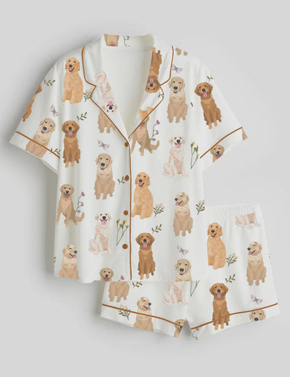 Luxury Satin Pajama Set - Cute Golden Retriever Dog Mom Pet Owner Sleepwear Loungewear