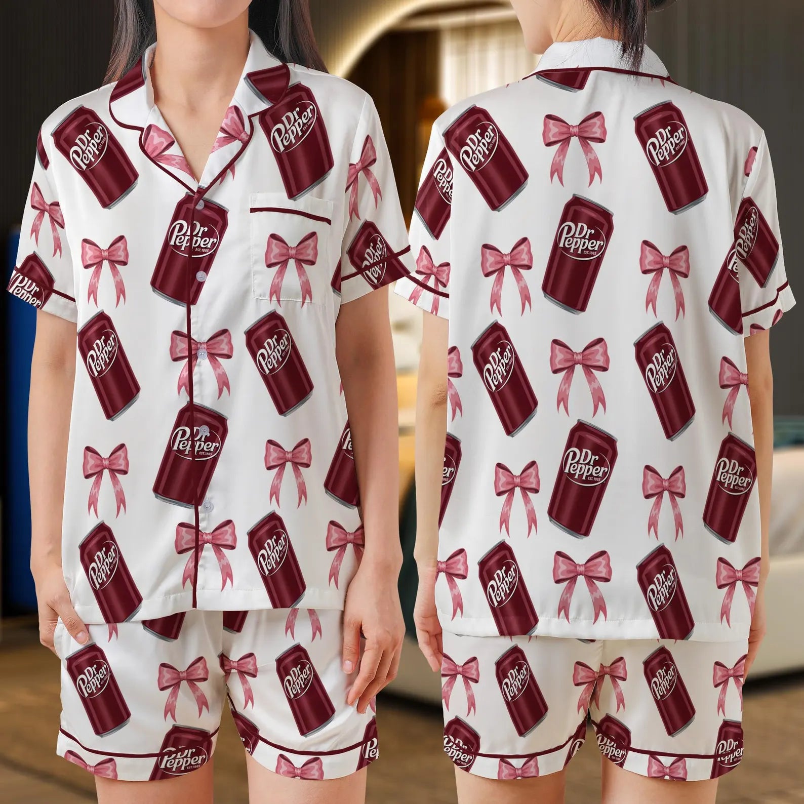 Coquette Soda Inspired Satin Pajama Set – Girly Bow Drink Sleepwear for Women, Cute Fizzy Beverage PJs