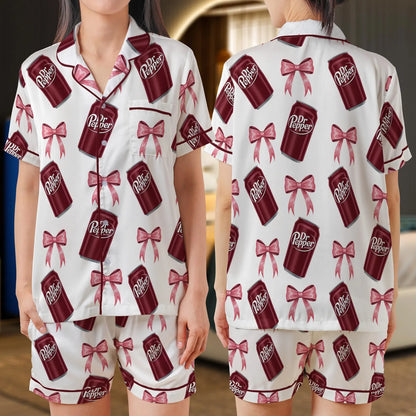 Coquette Soda Inspired Satin Pajama Set – Girly Bow Drink Sleepwear for Women, Cute Fizzy Beverage PJs