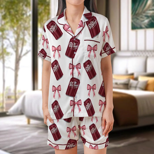 Coquette Soda Inspired Satin Pajama Set – Girly Bow Drink Sleepwear for Women, Cute Fizzy Beverage PJs