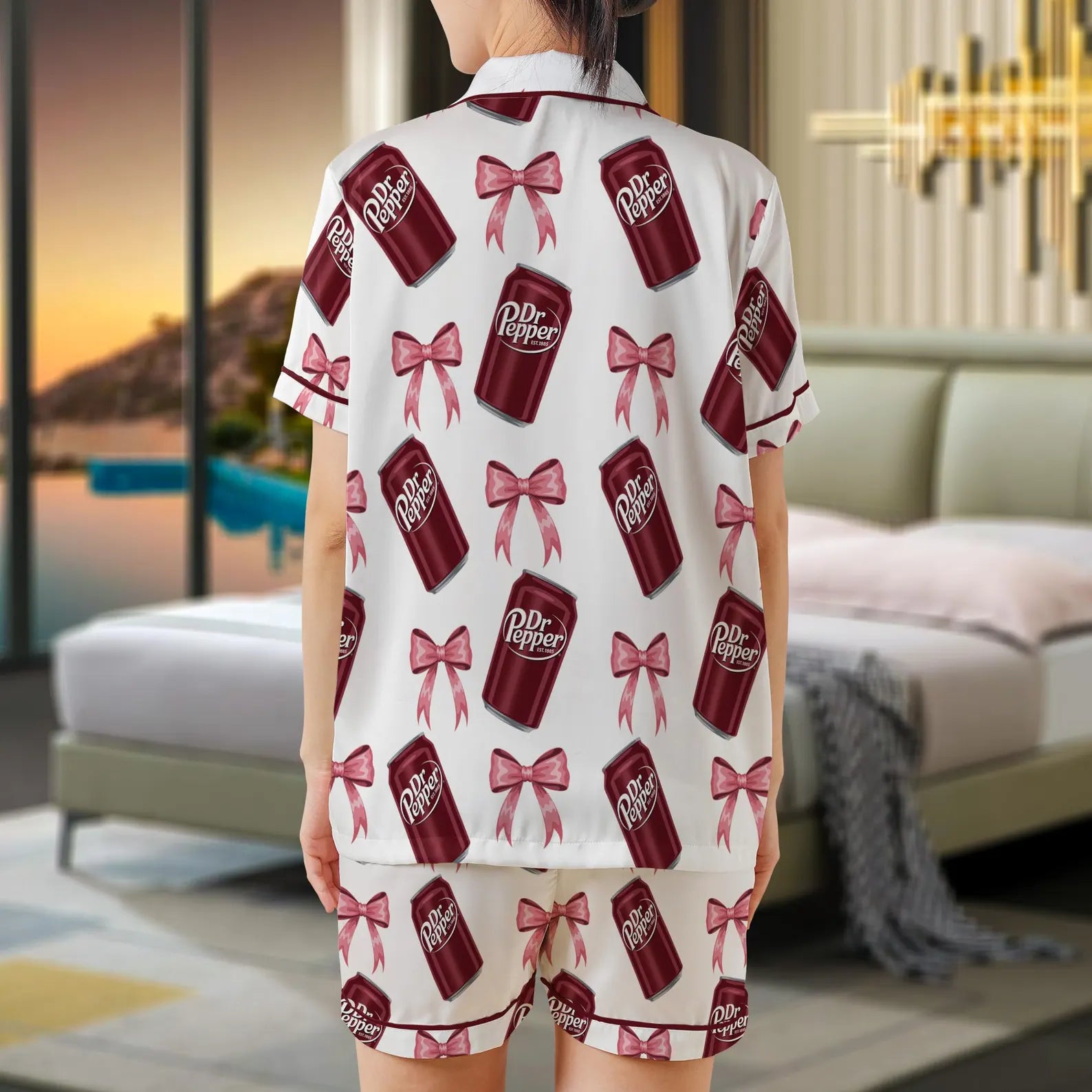 Coquette Soda Inspired Satin Pajama Set – Girly Bow Drink Sleepwear for Women, Cute Fizzy Beverage PJs