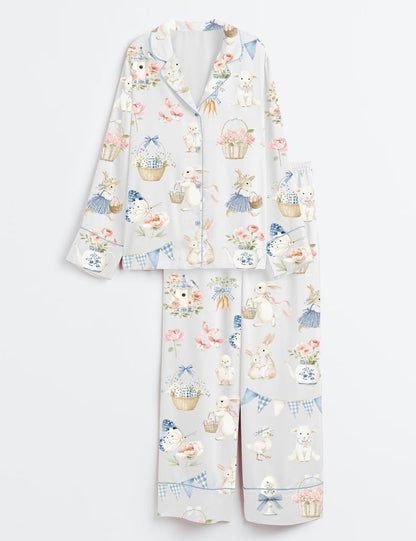 Easter Bunny Pajama Set for Women – Cute Pastel Bunny Floral Spring Sleepwear