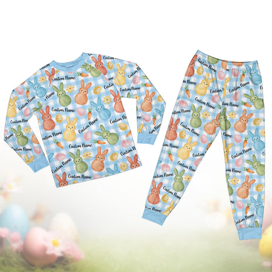 Custom Name Bunny Easter Pajamas Set – Personalized Kids Easter Egg Pajamas, Pastel Bunny Sleepwear, Happy Easter Gift for Kids