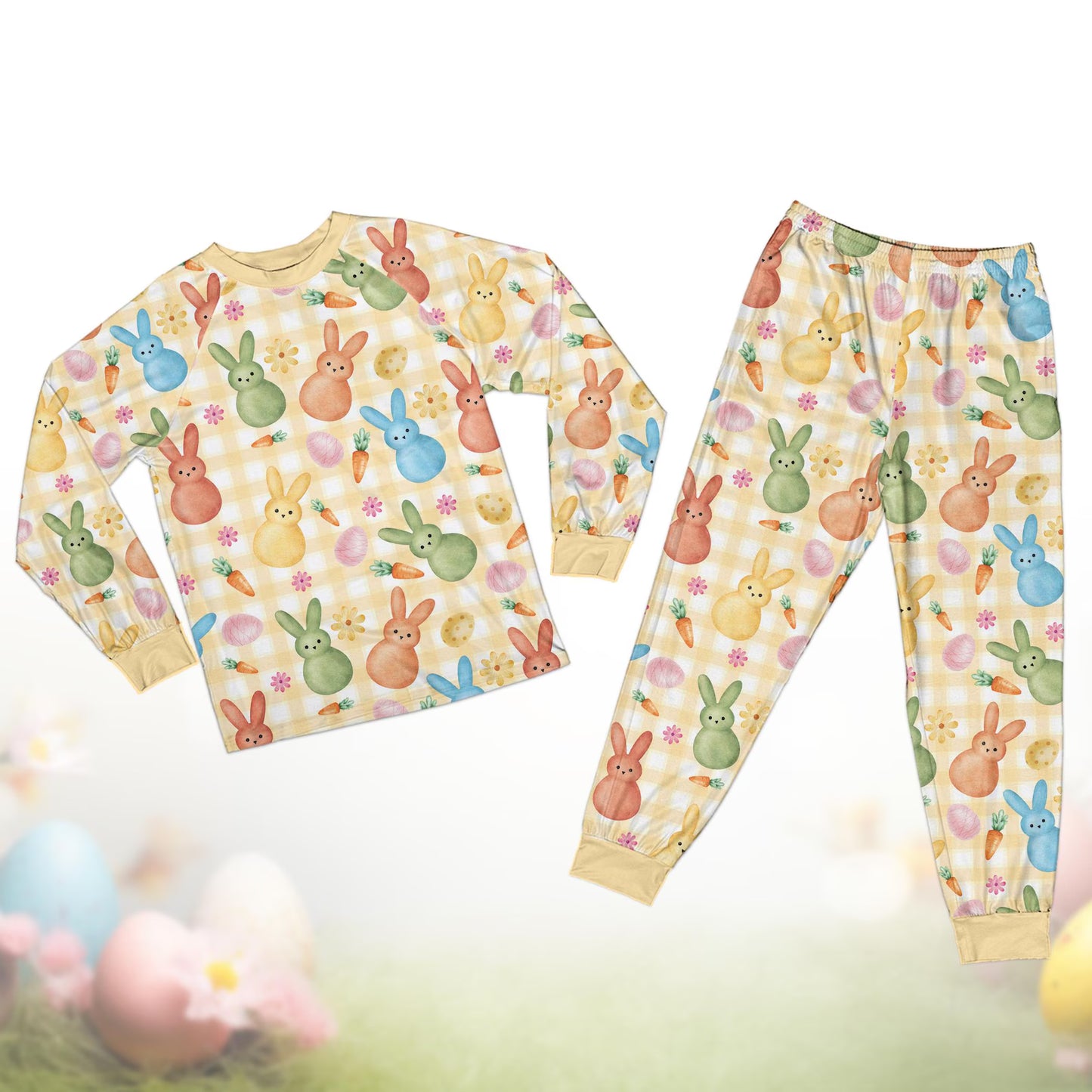 Custom Name Bunny Easter Pajamas Set – Personalized Kids Easter Egg Pajamas, Pastel Bunny Sleepwear, Happy Easter Gift for Kids