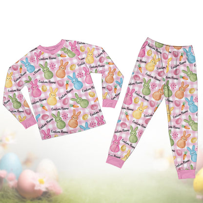 Custom Name Bunny Easter Pajamas Set – Personalized Kids Easter Egg Pajamas, Pastel Bunny Sleepwear, Happy Easter Gift for Kids