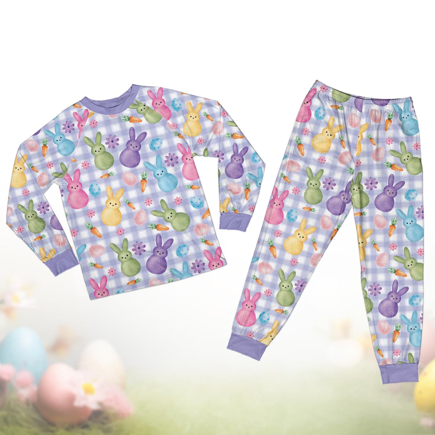 Custom Name Bunny Easter Pajamas Set – Personalized Kids Easter Egg Pajamas, Pastel Bunny Sleepwear, Happy Easter Gift for Kids