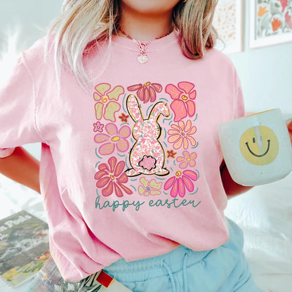 Happy Easter Bunny Shirt, Retro Floral Easter Rabbit Tee, Cute Easter Bunny T-Shirt, Spring Easter Outfit for Women, Easter Gift Shirt