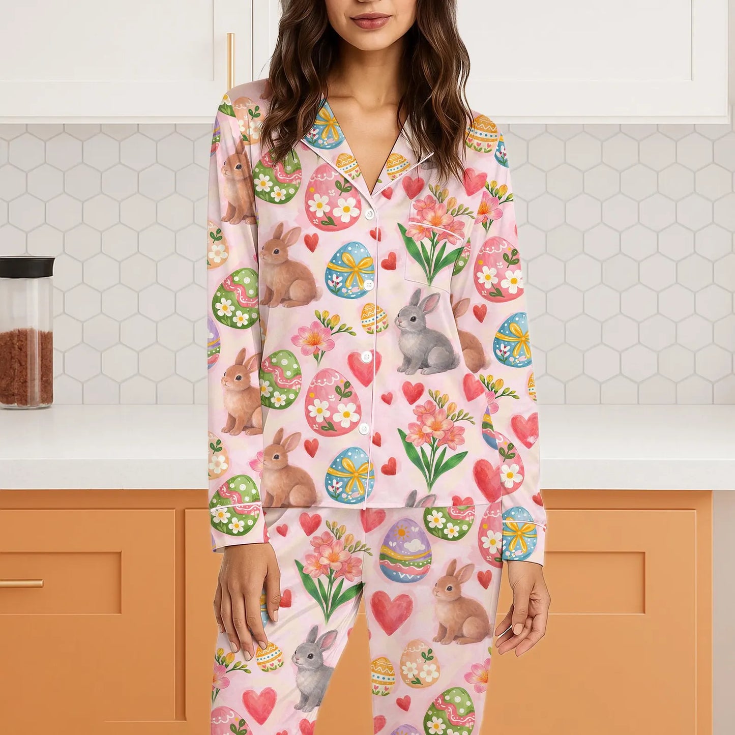 Easter Bunny Satin Pajama Set for Women – Cute Rabbit Spring PJs, Soft Satin Easter Sleepwear, Easter Gift for Her