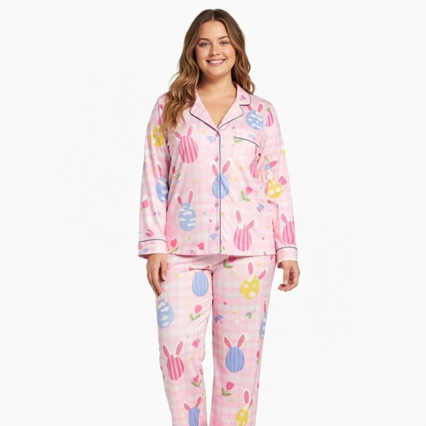 Pink Easter Satin Pajama Set – Bunny & Egg Holiday PJs, Matching Family Easter Pajamas, Cute Spring Sleepwear, Easter Gift