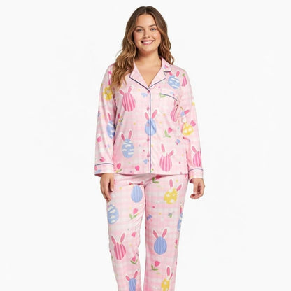 Pink Easter Satin Pajama Set – Bunny & Egg Holiday PJs, Matching Family Easter Pajamas, Cute Spring Sleepwear, Easter Gift
