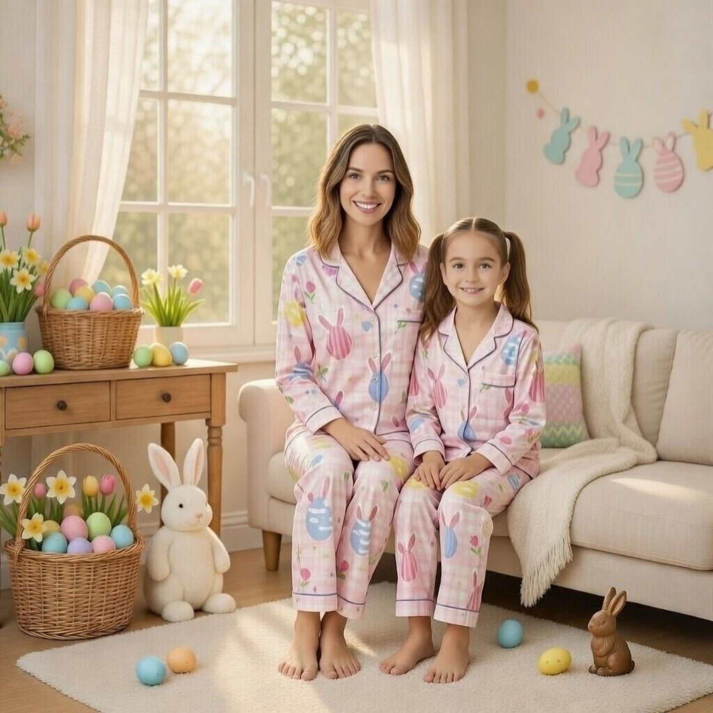 Pink Easter Satin Pajama Set – Bunny & Egg Holiday PJs, Matching Family Easter Pajamas, Cute Spring Sleepwear, Easter Gift