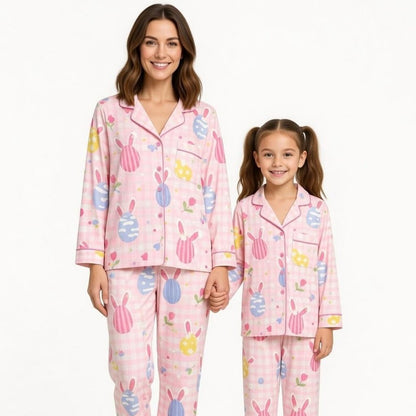 Pink Easter Satin Pajama Set – Bunny & Egg Holiday PJs, Matching Family Easter Pajamas, Cute Spring Sleepwear, Easter Gift